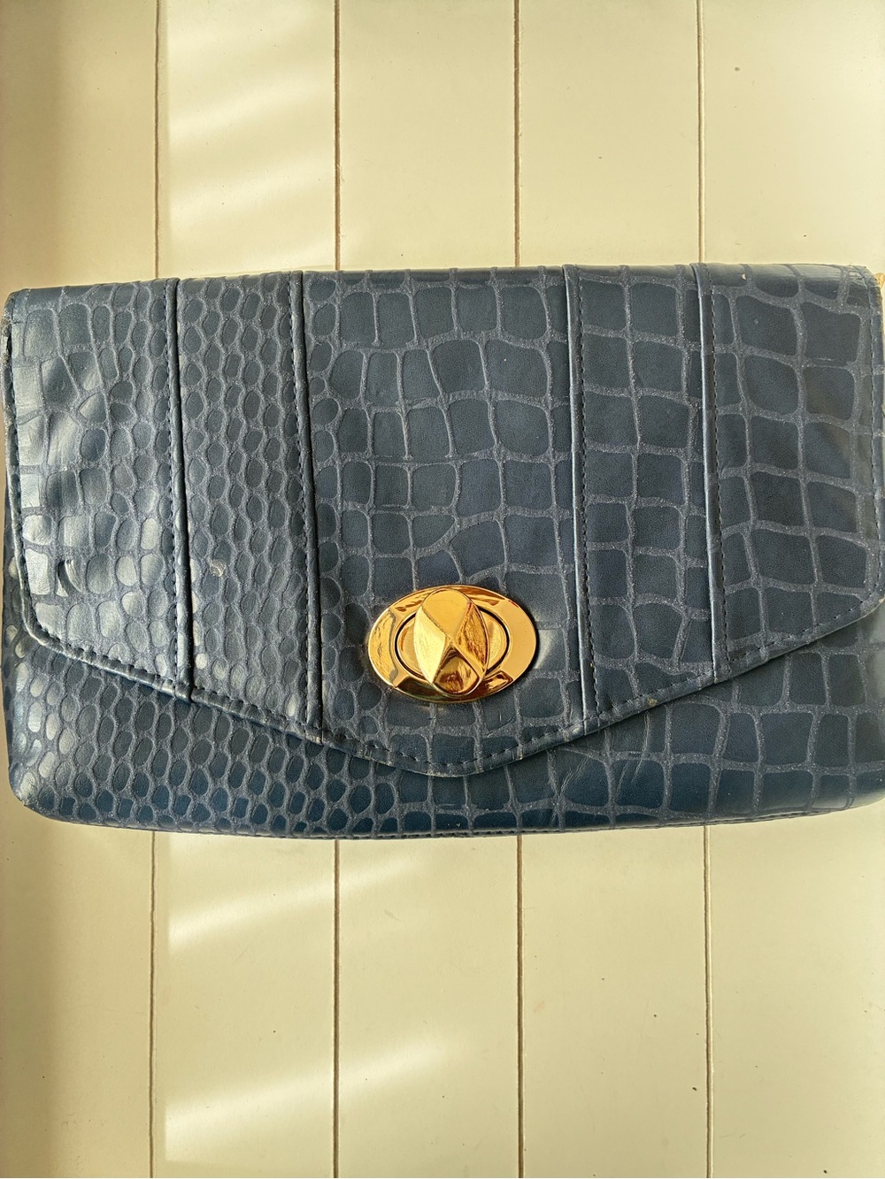 MMS Design Studio Blue Croc-Embossed Clutch with Gold Twist Lock